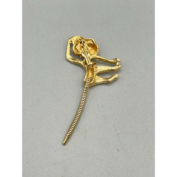 Vintage Gold Tone Monkey Brooch with Green Rhinestone Eyes & Movable Tail - Picture 4 of 5